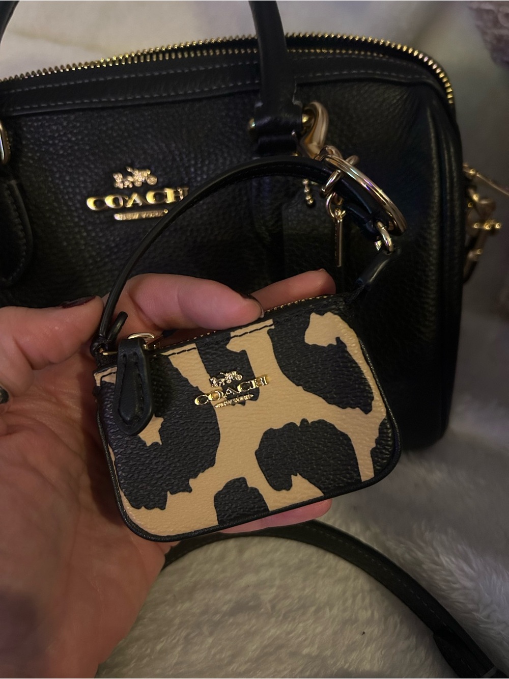 Coach Black Pebbled Leather Satchel with Leopard Strap and Pouch - Picture 3 of 9